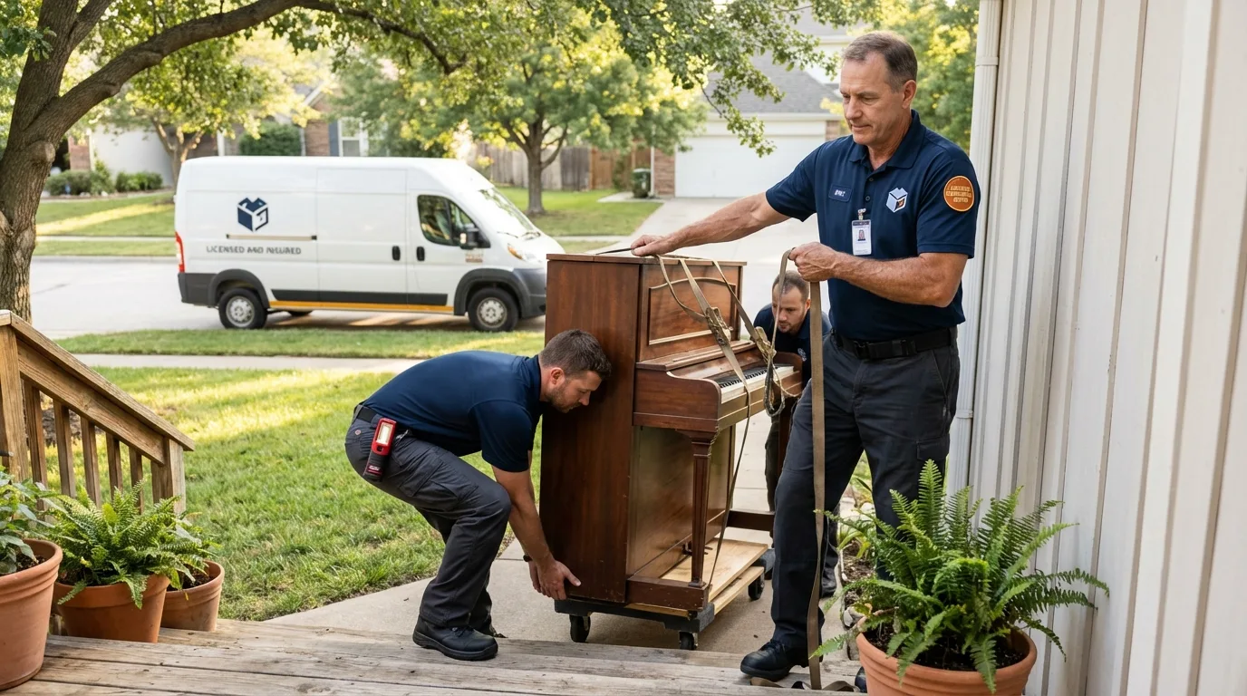 Licensed piano movers securing grand piano in Browns Mills, NJ