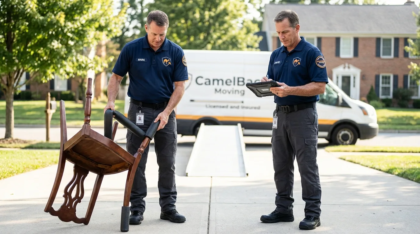 Movers inspecting furniture for damage prevention before loading in Browns Mills, NJ