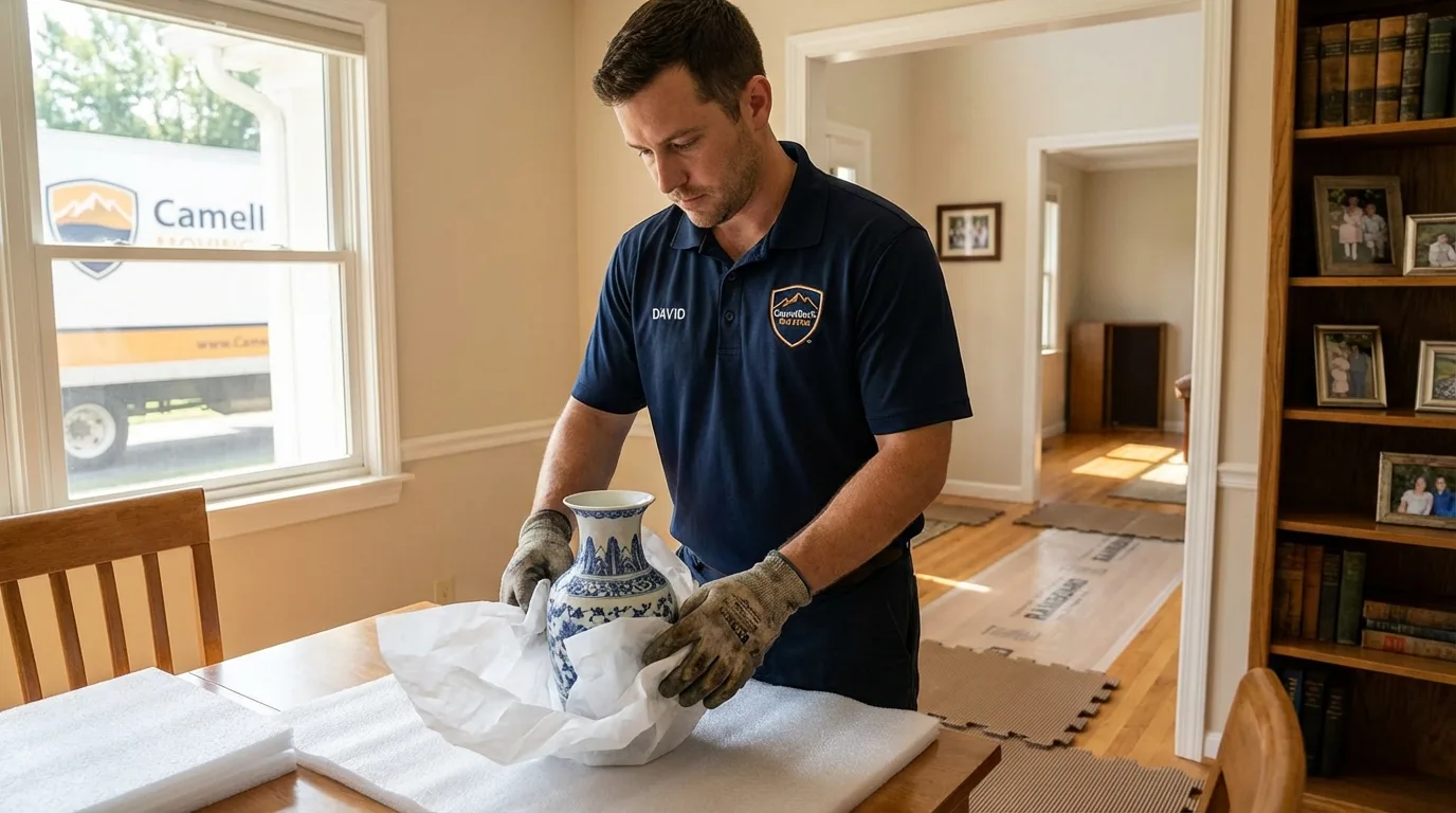 Professional crew carefully wrapping antique vase for senior downsizing move in Browns Mills, NJ